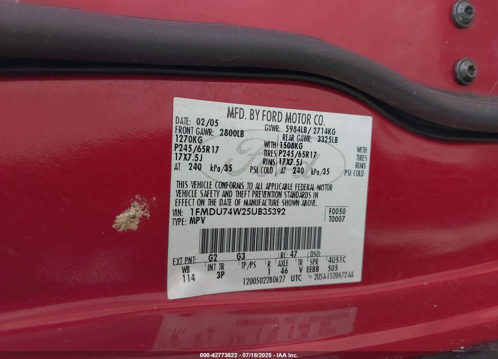2005 FORD EXPLORER EDDIE BAUER VIN: 1FMDU74W25UB35392