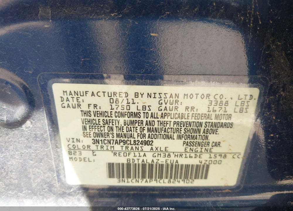 2012 NISSAN VERSA VIN: 3N1CN7AP9CL824902