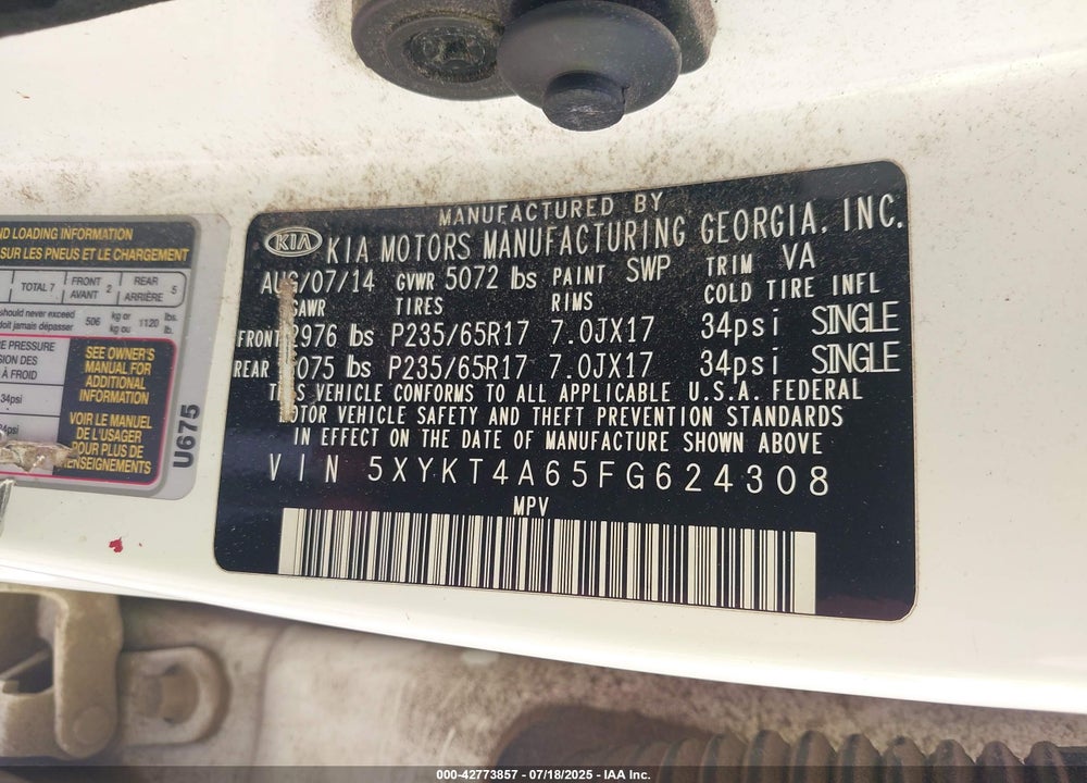 2015 KIA SORENTO VIN: 5XYKT4A65FG624308