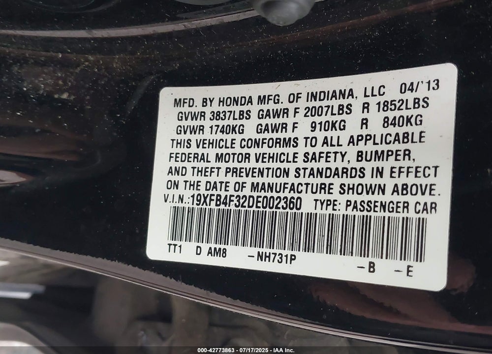 2013 HONDA CIVIC HYBRID VIN: 19XFB4F32DE002360