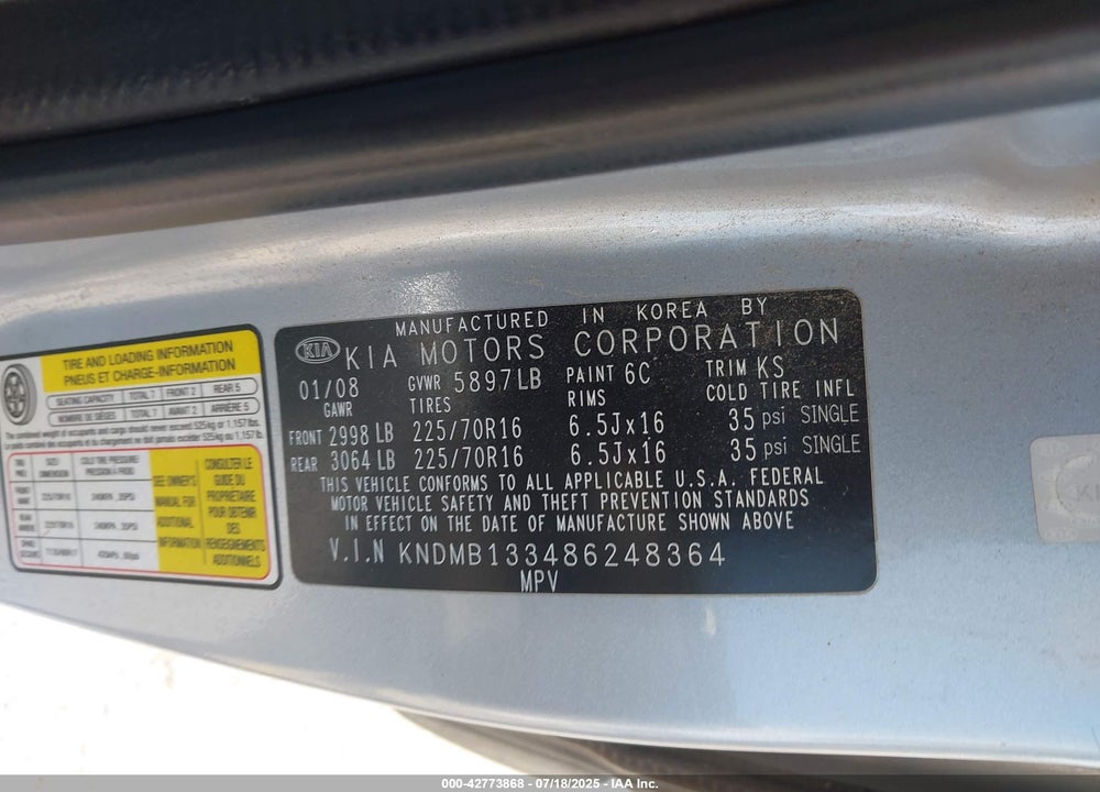 2008 KIA SEDONA VIN: KNDMB133486248364