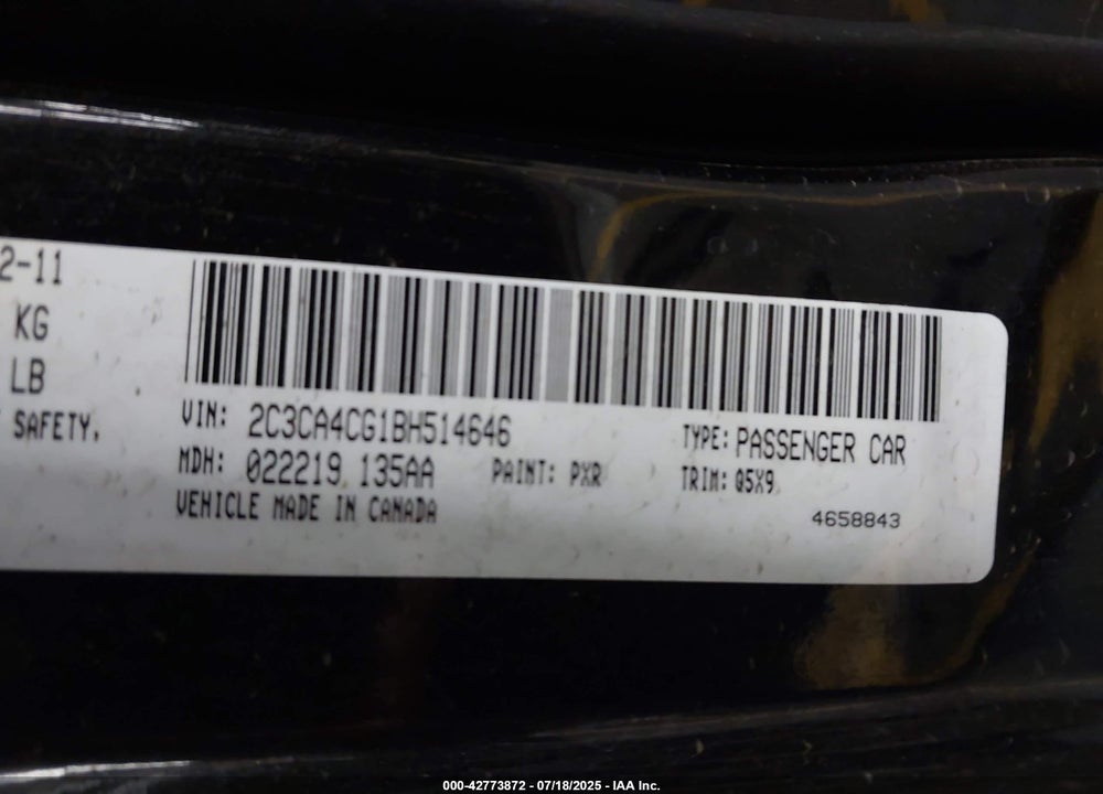 2011 CHRYSLER 300 VIN: 2C3CA4CG1BH514646