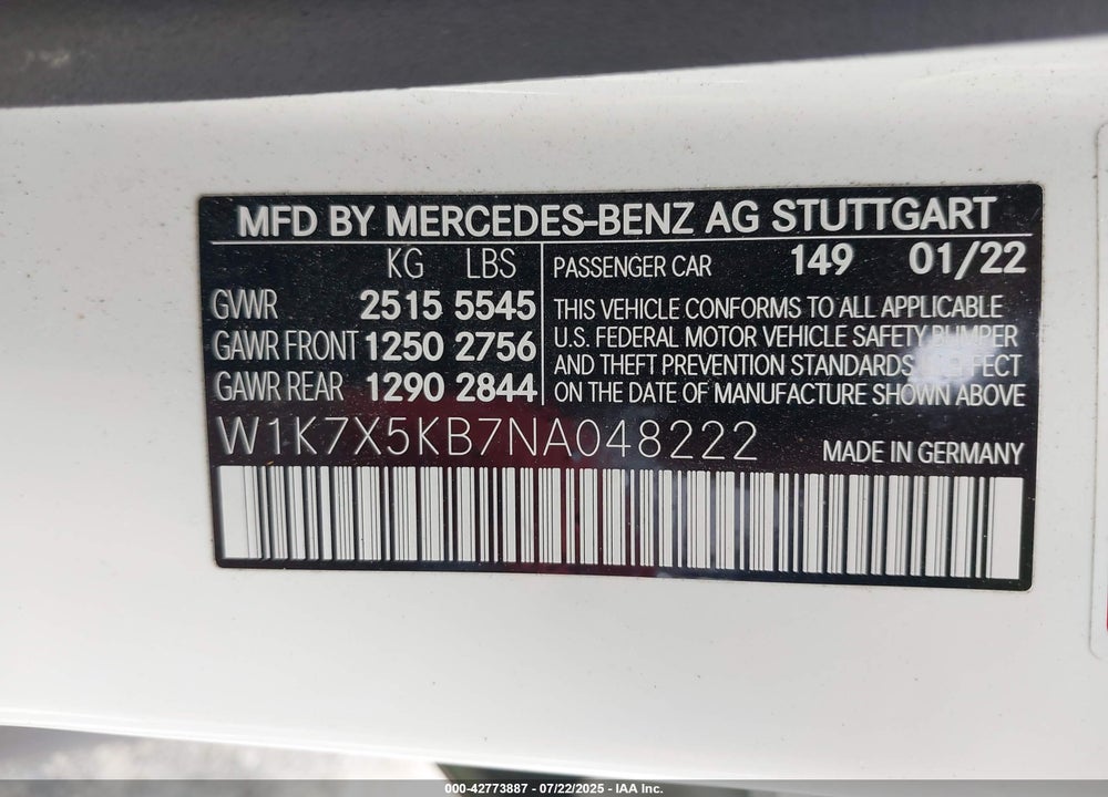2022 MERCEDES-BENZ AMG-CLASS VIN: W1K7X5KB7NA048222