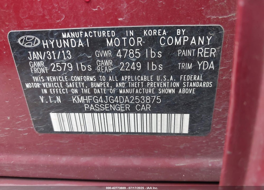 2013 HYUNDAI AZERA VIN: KMHFG4JG4DA253875