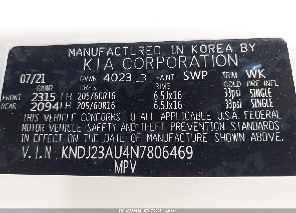 2022 KIA SOUL VIN: KNDJ23AU4N7806469