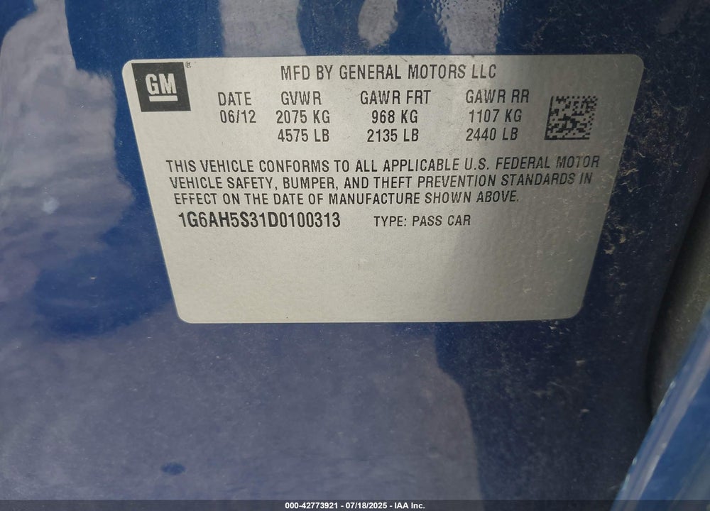 2013 CADILLAC ATS VIN: 1G6AH5S31D0100313