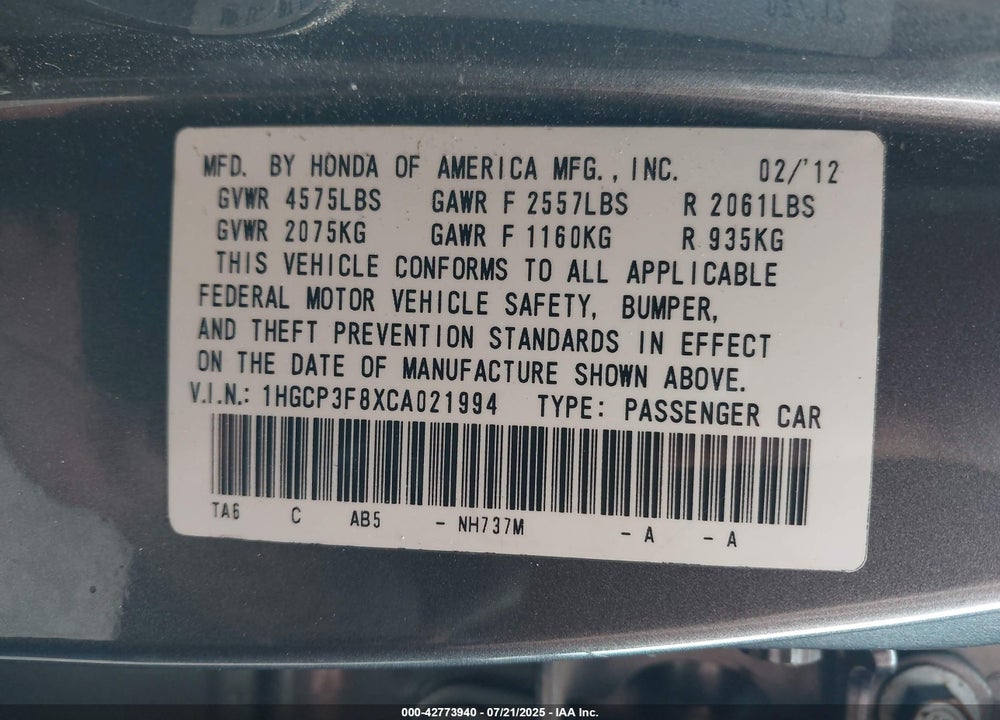 2012 HONDA ACCORD VIN: 1HGCP3F8XCA021994