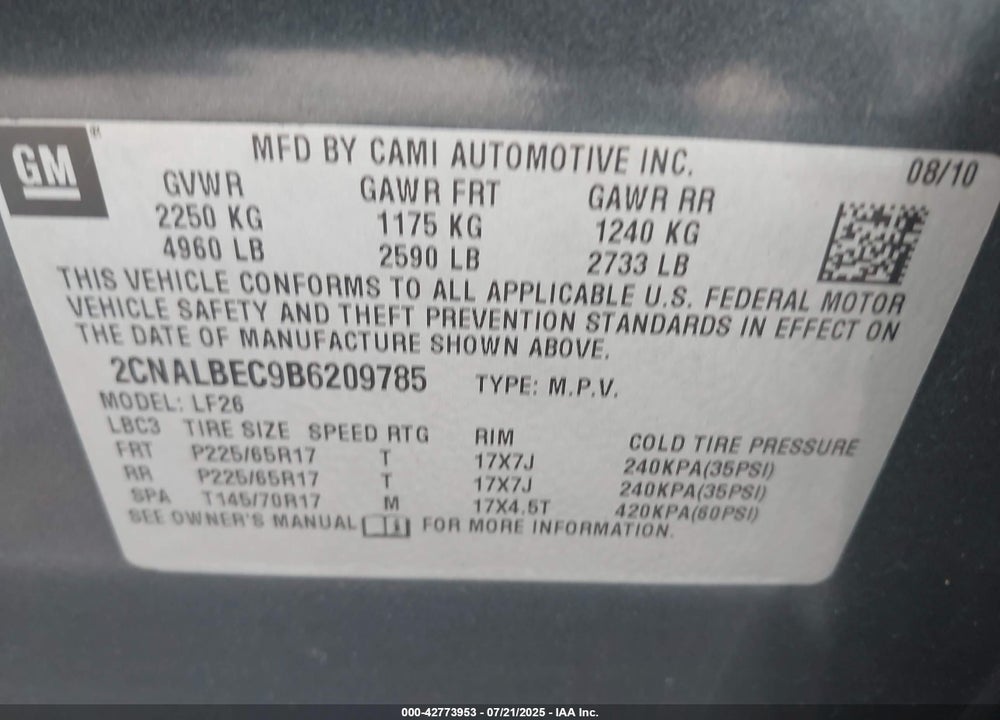 2011 CHEVROLET EQUINOX VIN: 2CNALBEC9B6209785