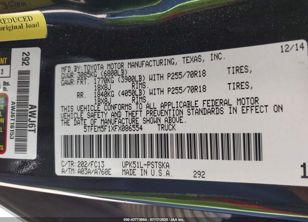 2015 TOYOTA TUNDRA VIN: 5TFEM5F1XFX086554
