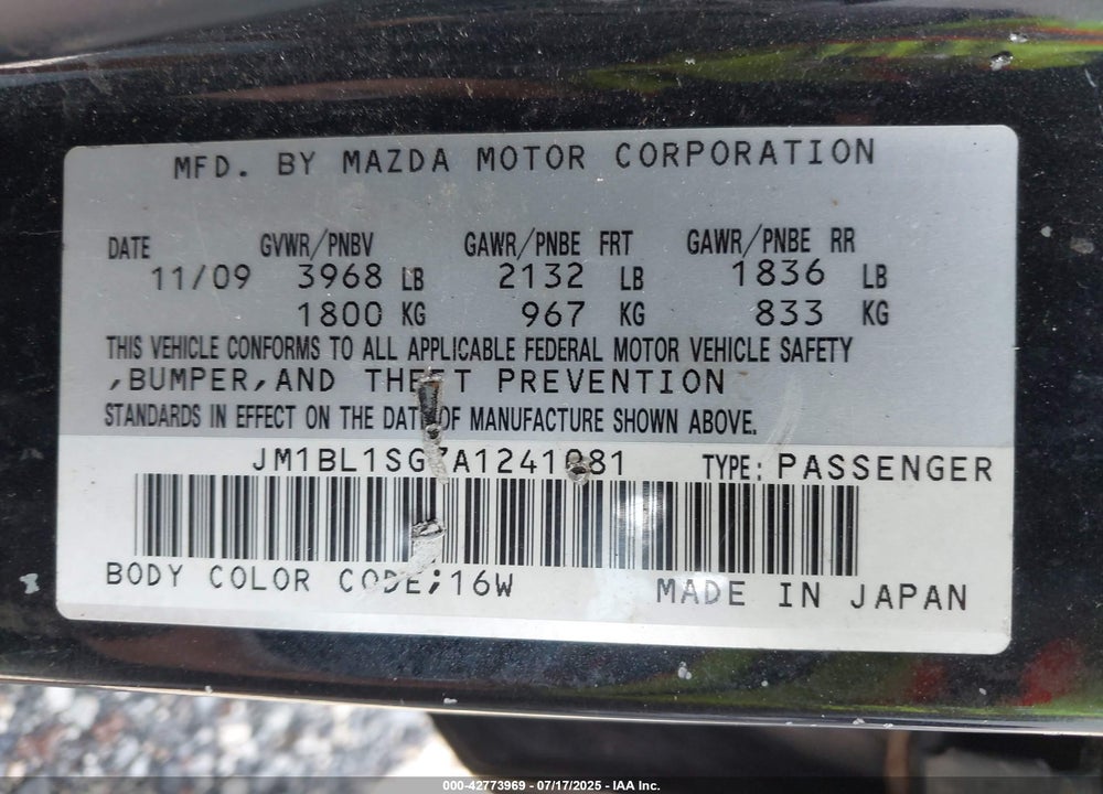 2010 MAZDA 3 VIN: JM1BL1SG7A1241081