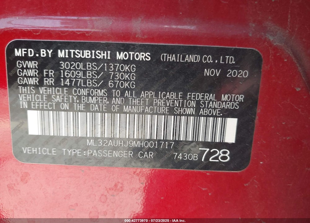 2021 MITSUBISHI MIRAGE CARBONITE EDITION/ES/LE VIN: ML32AUHJ9MH001717