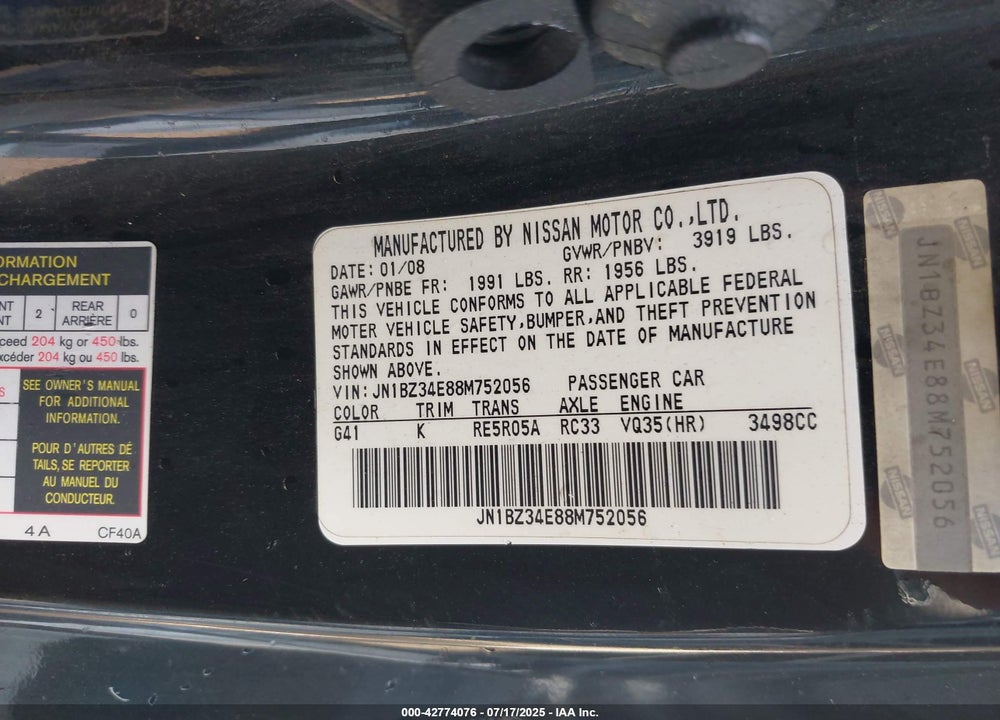 2008 NISSAN Z VIN: JN1BZ34E88M752056