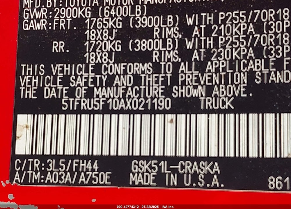 2010 TOYOTA TUNDRA VIN: 5TFRU5F10AX021190