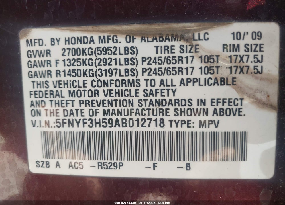 2010 HONDA PILOT VIN: 5FNYF3H59AB012718