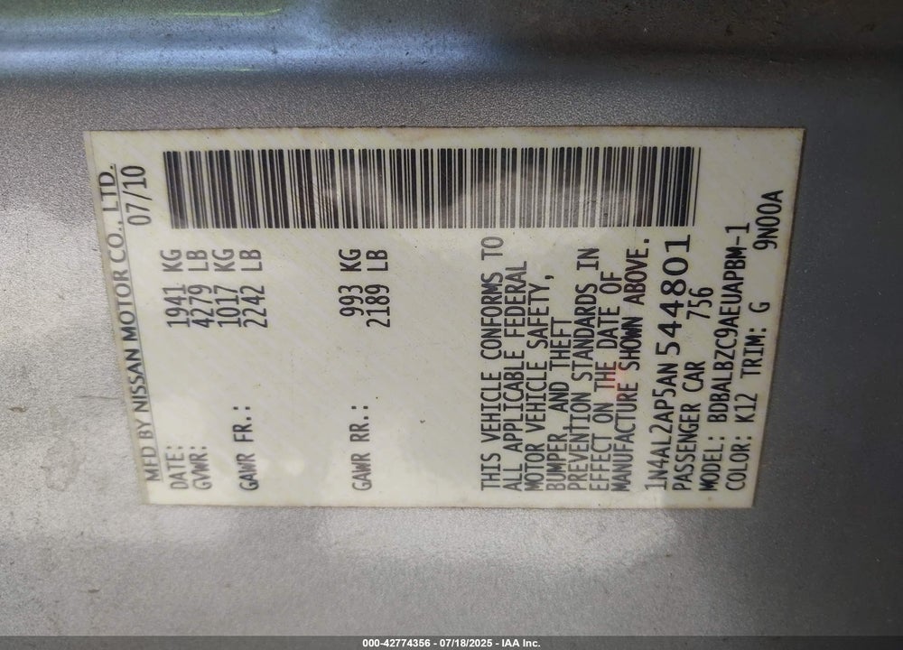2010 NISSAN ALTIMA VIN: 1N4AL2AP5AN544801
