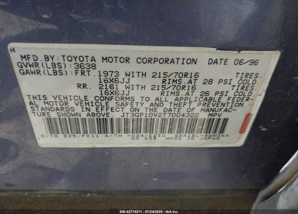 1996 TOYOTA RAV4 VIN: JT3GP10V2T7004322