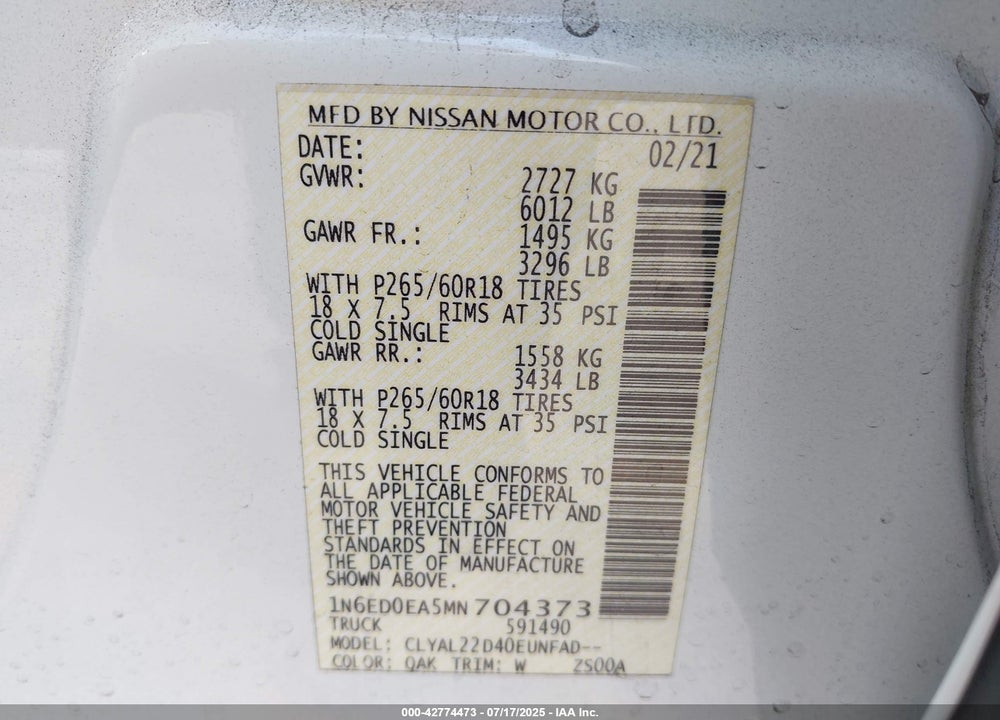 2021 NISSAN FRONTIER VIN: 1N6ED0EA5MN704373