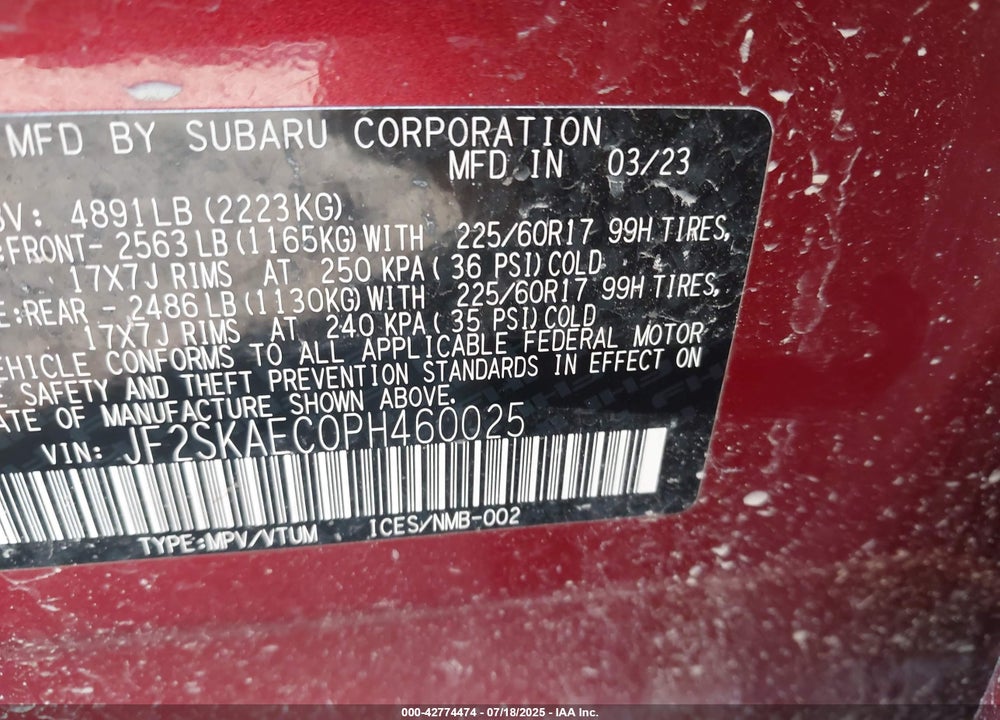 2023 SUBARU FORESTER VIN: JF2SKAEC0PH460025