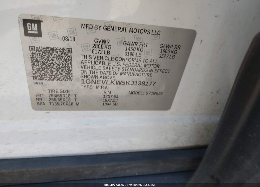 2019 CHEVROLET TRAVERSE VIN: 1GNEVLKW5KJ138177