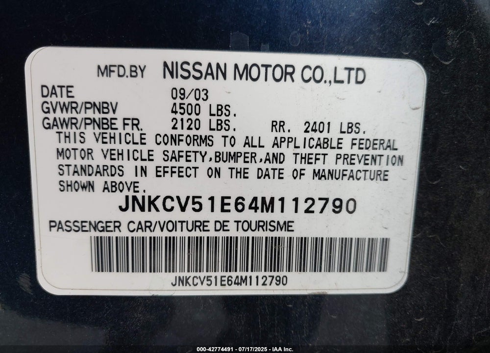 2004 INFINITI G35 VIN: JNKCV51E64M112790