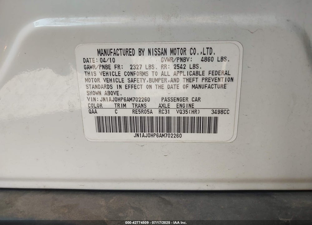 2010 INFINITI EX35 VIN: JN1AJ0HP6AM702260