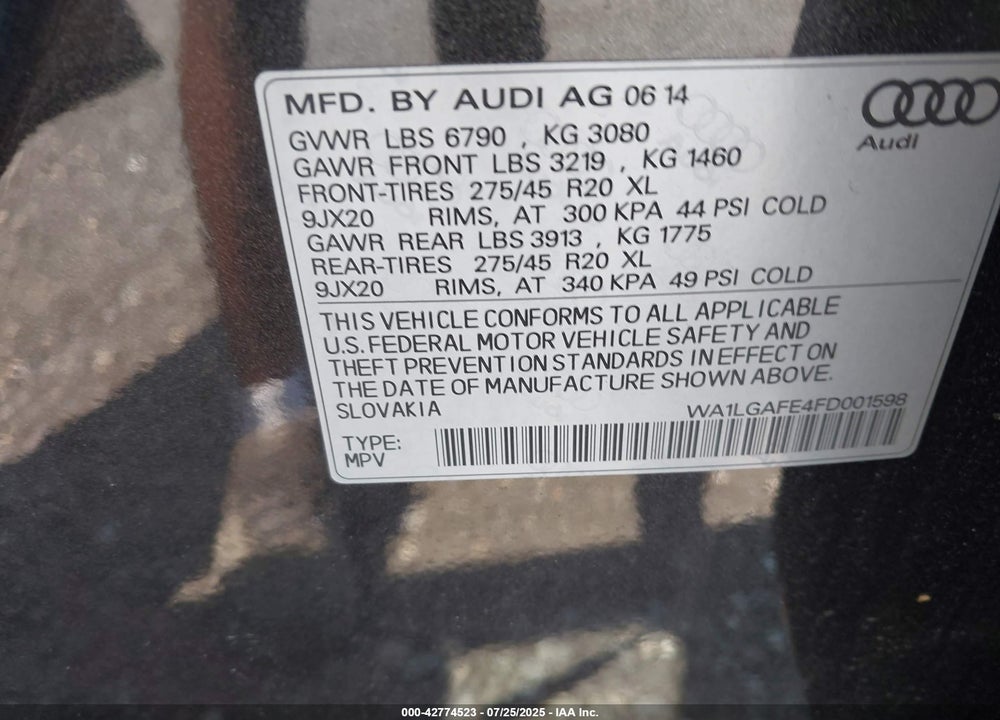 2015 AUDI Q7 VIN: WA1LGAFE4FD001598