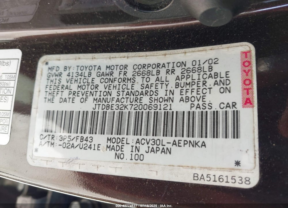 2002 TOYOTA CAMRY LE VIN: JTDBE32K720069121