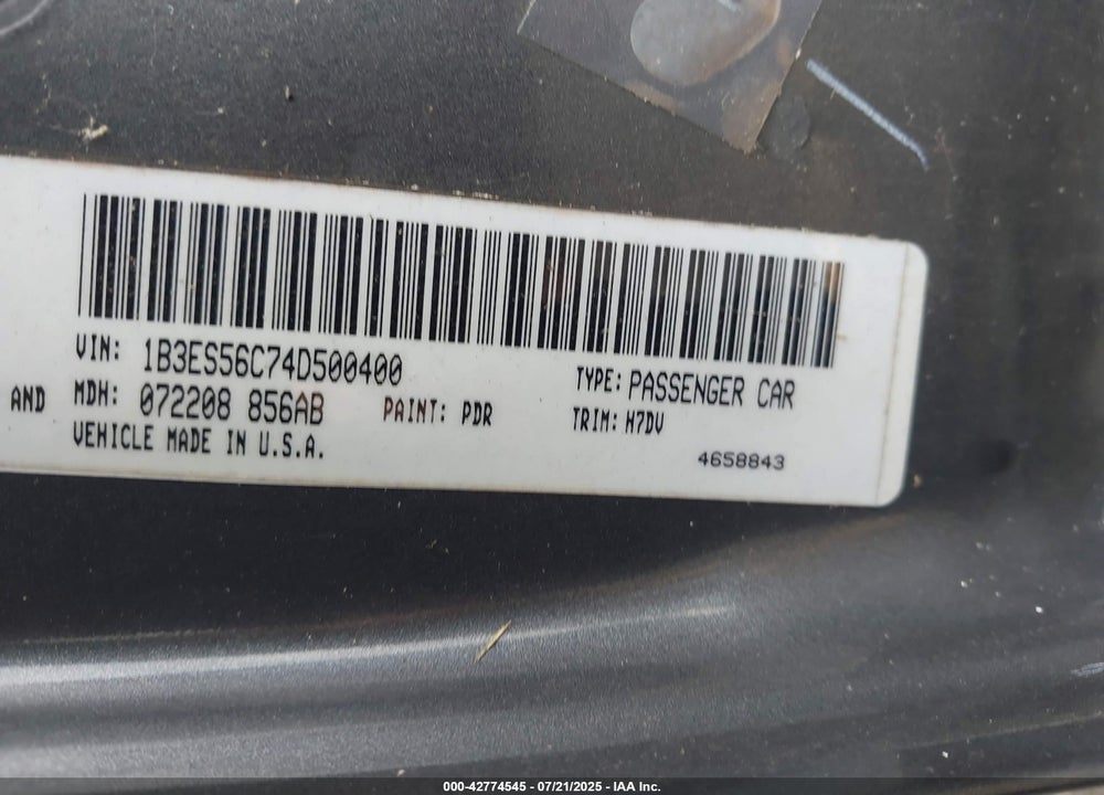 2004 DODGE NEON SXT VIN: 1B3ES56C74D500400
