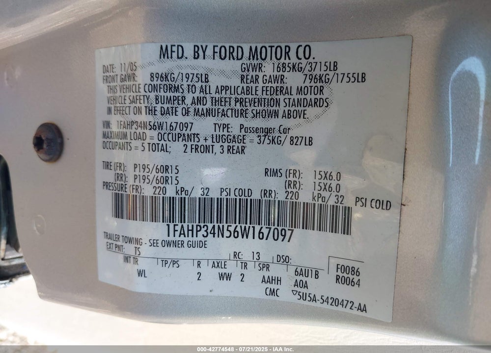 2006 FORD FOCUS VIN: 1FAHP34N56W167097