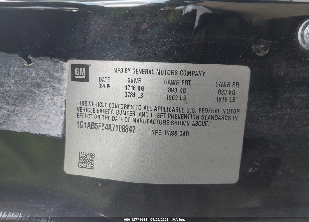 2010 CHEVROLET COBALT VIN: 1G1AB5F54A7108847