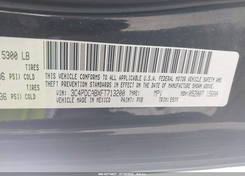 2015 DODGE JOURNEY VIN: 3C4PDCABXFT713200