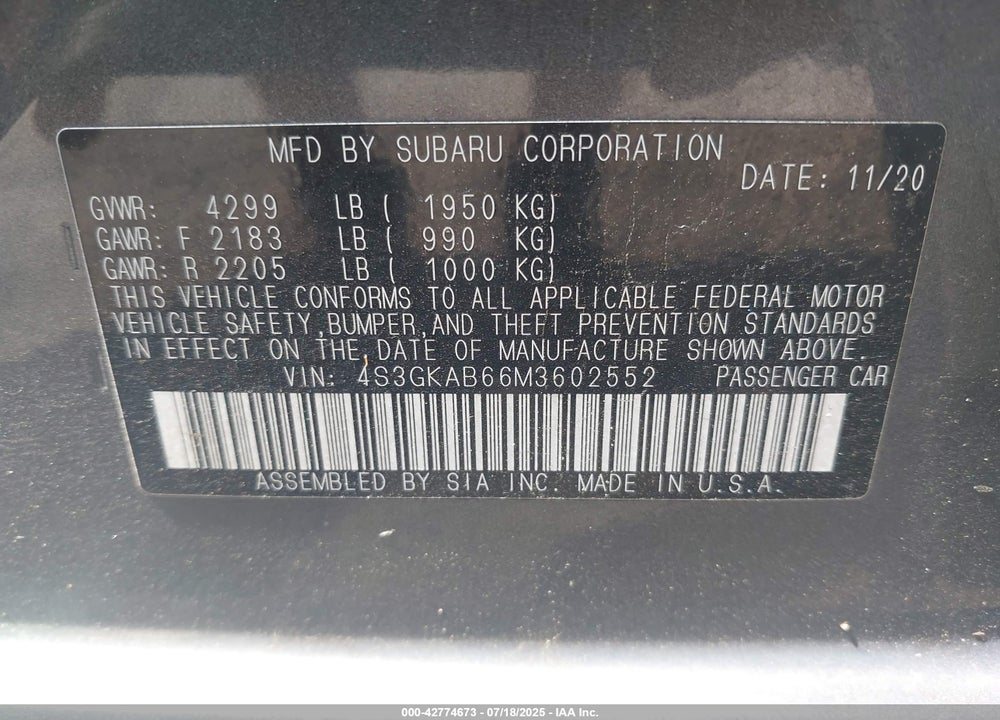 2021 SUBARU IMPREZA VIN: 4S3GKAB66M3602552