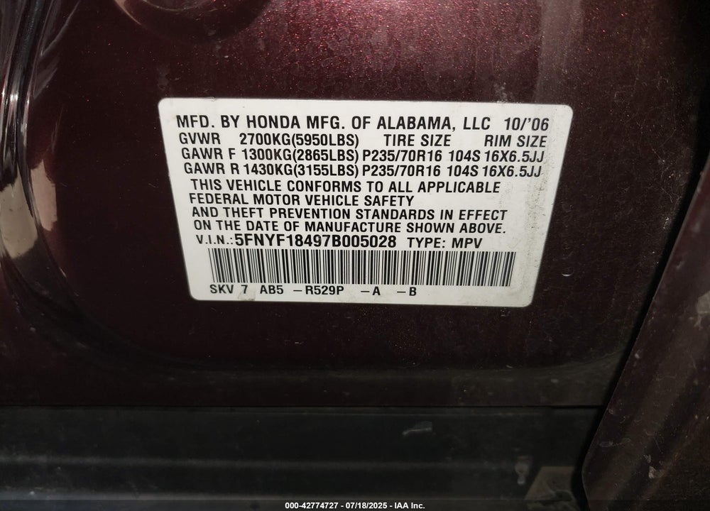 2007 HONDA PILOT EX VIN: 5FNYF18497B005028