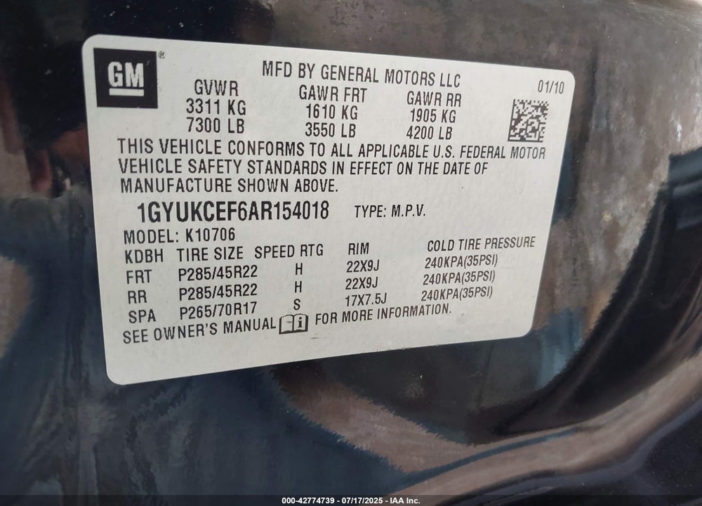 2010 CADILLAC ESCALADE VIN: 1GYUKCEF6AR154018