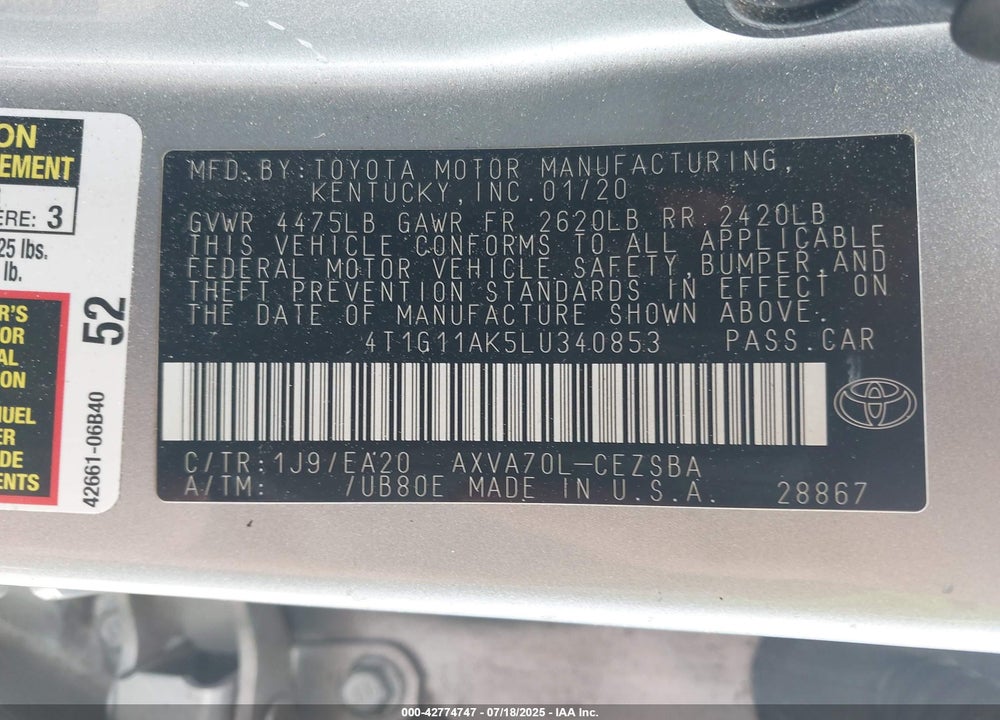 2020 TOYOTA CAMRY VIN: 4T1G11AK5LU340853