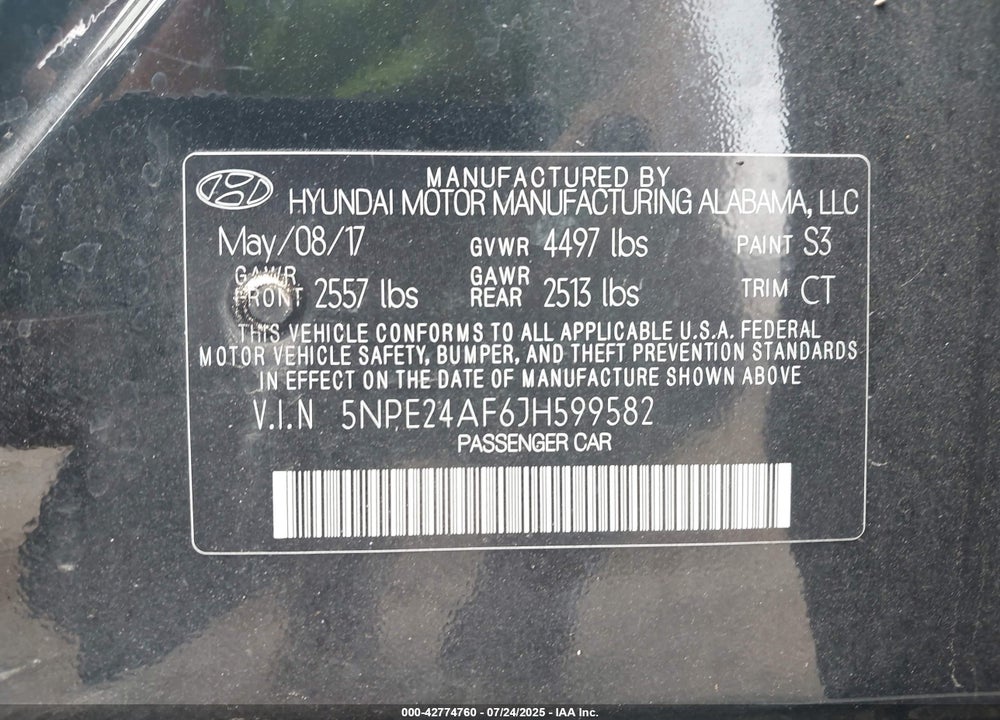 2018 HYUNDAI SONATA SE VIN: 5NPE24AF6JH599582