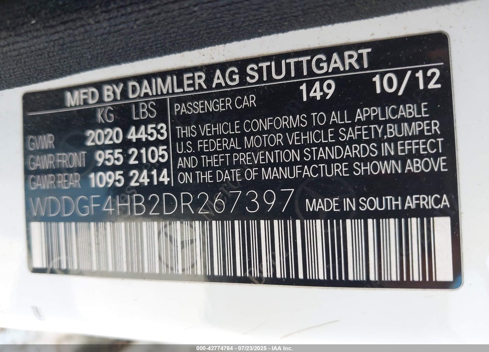 2013 MERCEDES-BENZ C CLASS VIN: WDDGF4HB2DR267397
