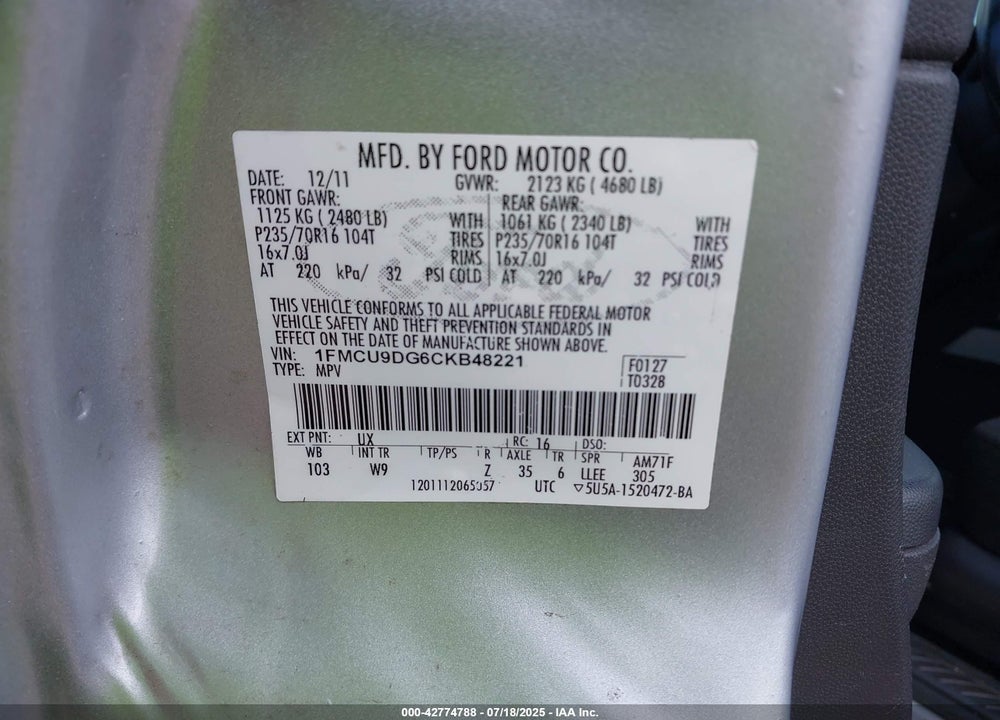 2012 FORD ESCAPE XLT VIN: 1FMCU9DG6CKB48221