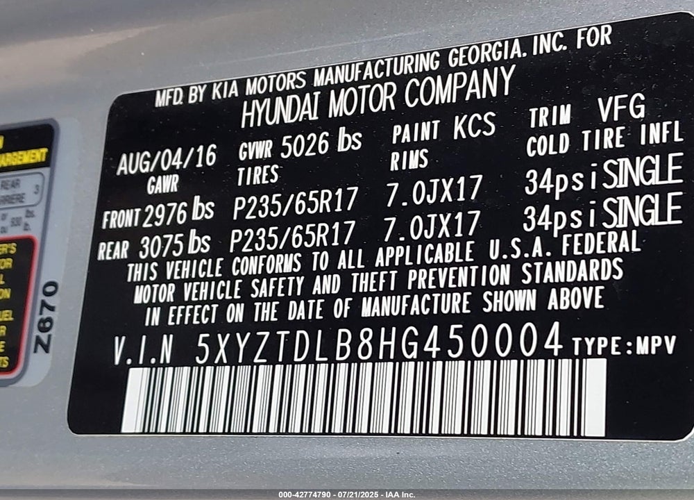 2017 HYUNDAI SANTA FE SPORT VIN: 5XYZTDLB8HG450004