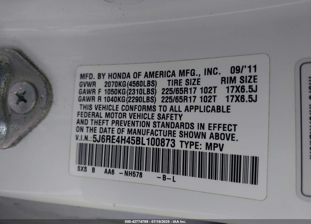 2011 HONDA CR-V VIN: 5J6RE4H45BL100873