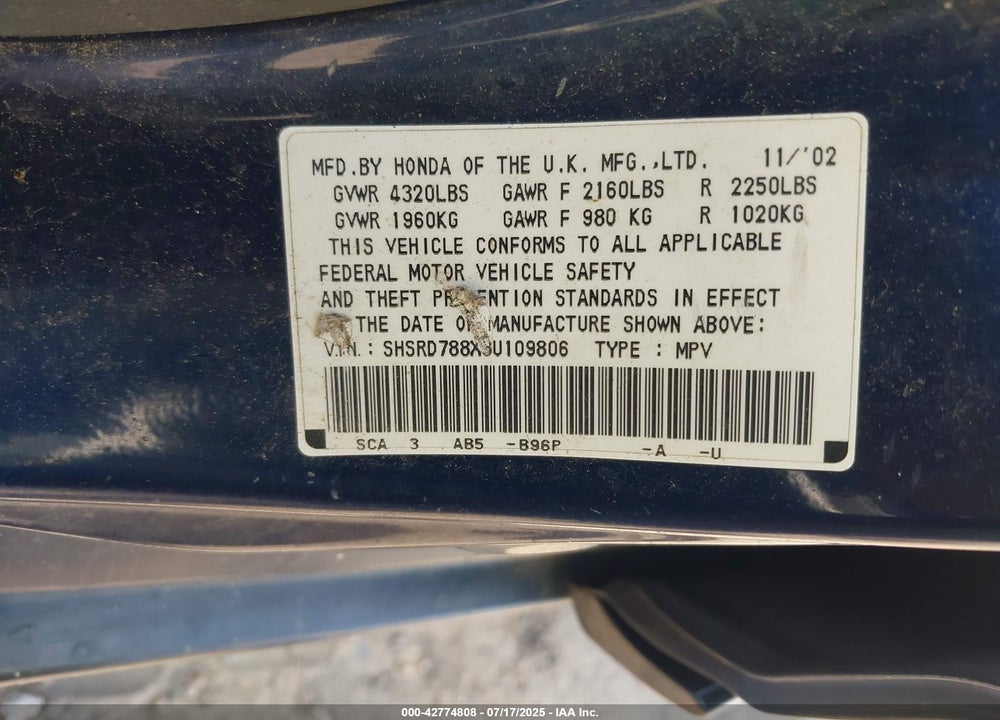 2003 HONDA CR-V EX VIN: SHSRD788X3U109806