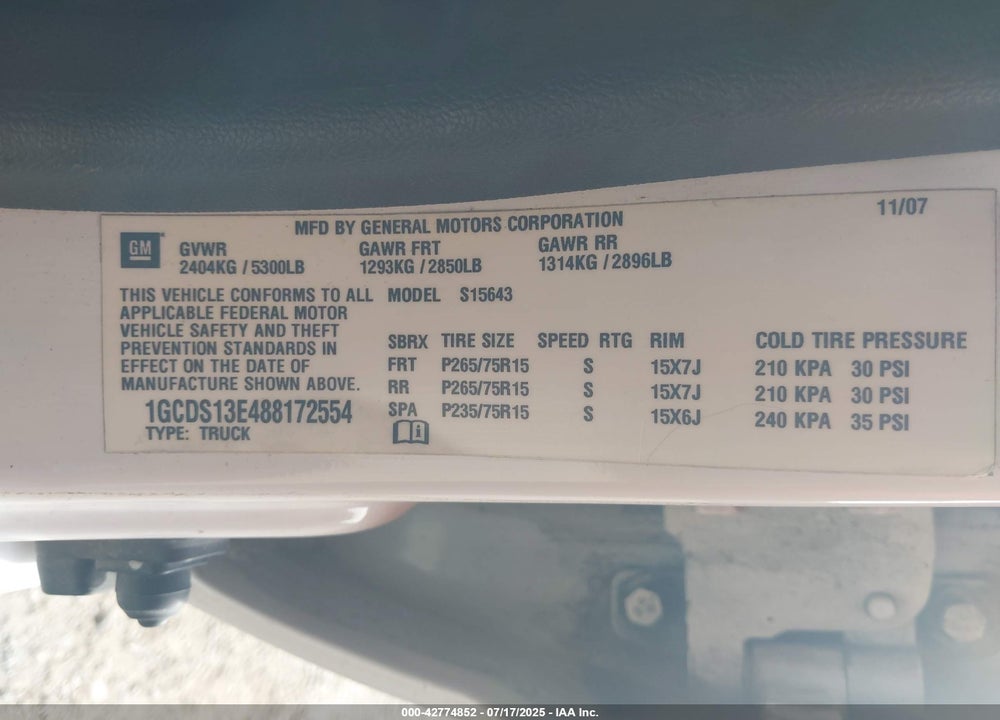 2008 CHEVROLET COLORADO LT VIN: 1GCDS13E488172554