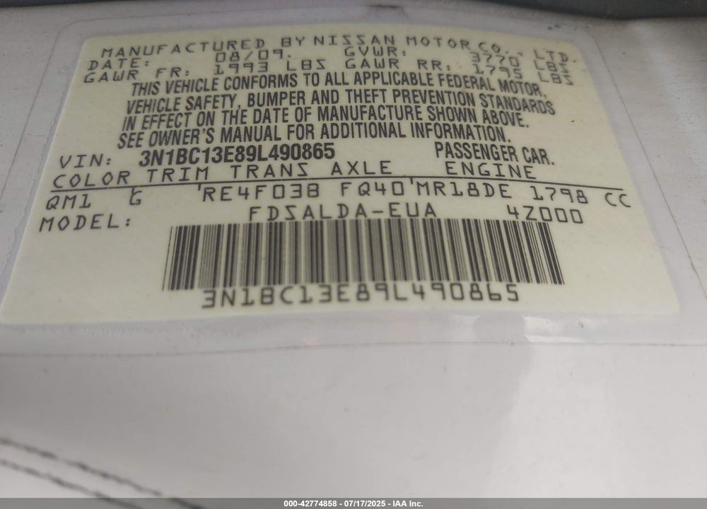 2009 NISSAN VERSA VIN: 3N1BC13E89L490865
