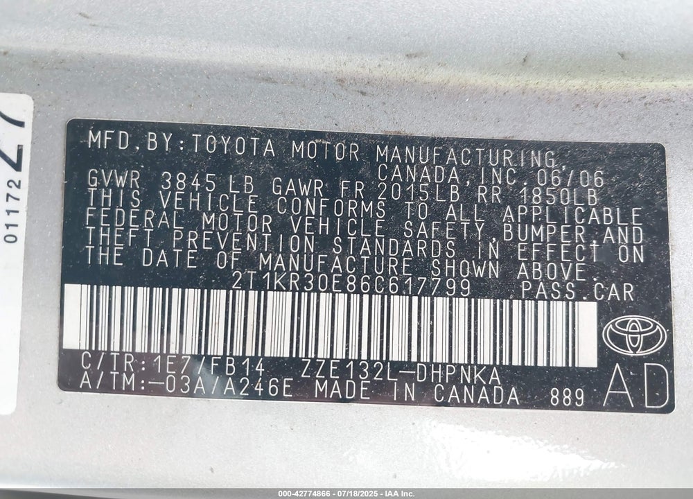 2006 TOYOTA MATRIX VIN: 2T1KR30E86C617799