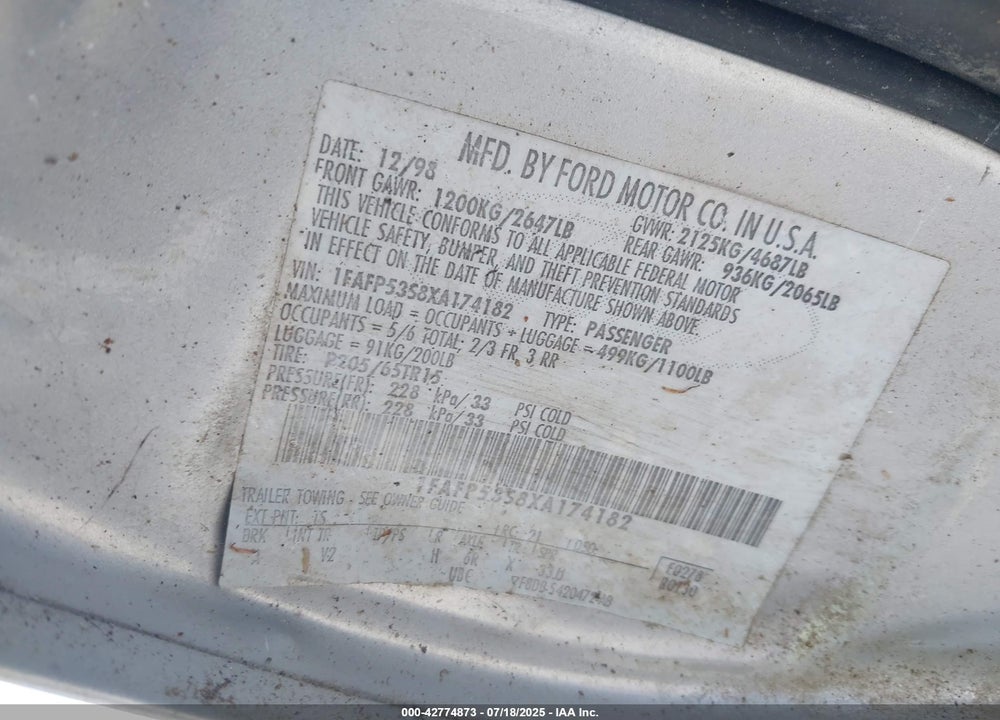 1999 FORD TAURUS SE/SE-NE VIN: 1FAFP53S8XA174182