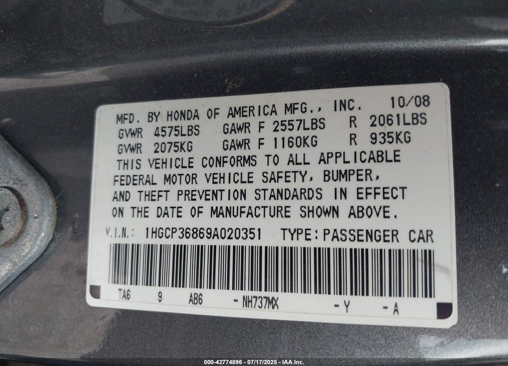 2009 HONDA ACCORD SDN 3.5 EX-L/EX-L VIN: 1HGCP36869A020351