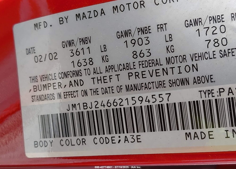 2002 MAZDA PROTEGE5 VIN: JM1BJ246621594557