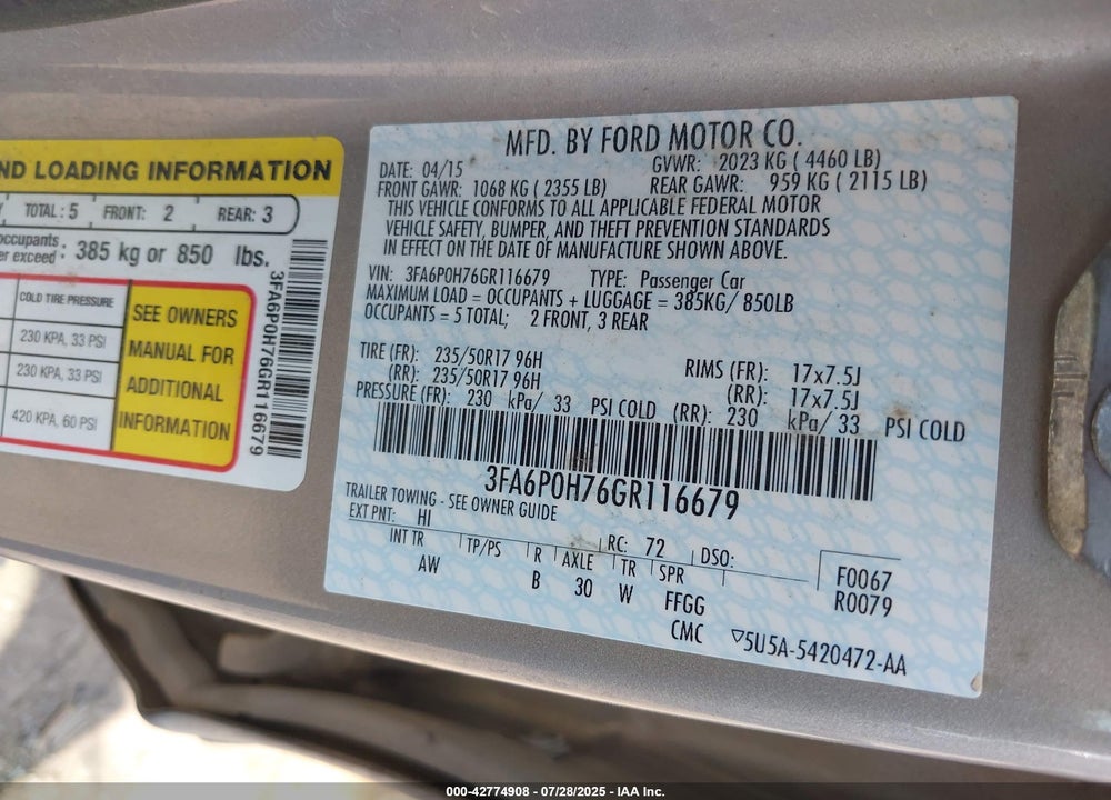 2016 FORD FUSION VIN: 3FA6P0H76GR116679