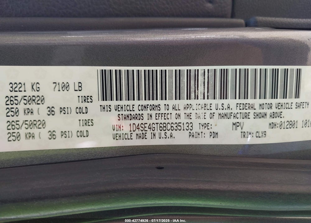 2011 DODGE DURANGO VIN: 1D4SE4GT6BC635133