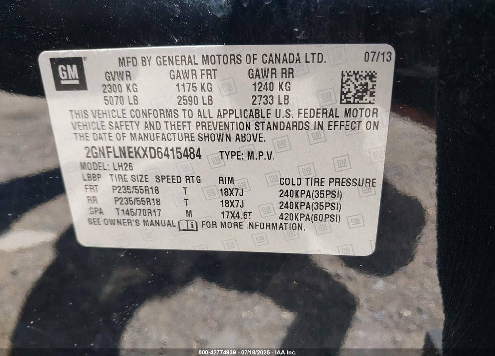 2013 CHEVROLET EQUINOX VIN: 2GNFLNEKXD6415484